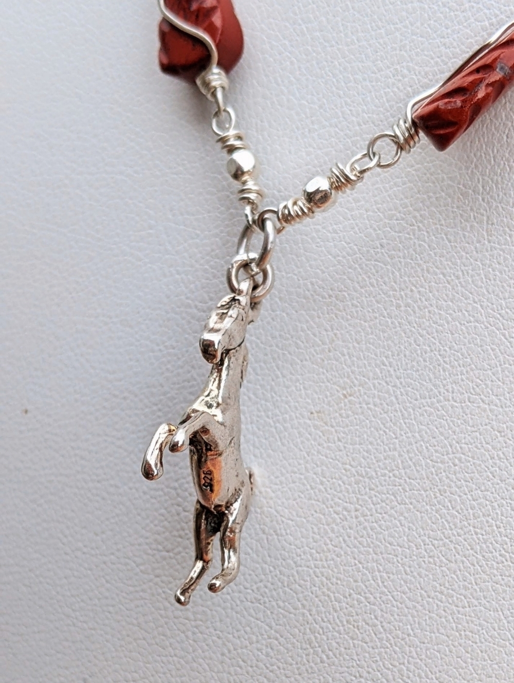 Sterling Silver Horse Pendant-925-Chain Necklace-Carved Red Jasper Gemstone - Picture 7 of 17